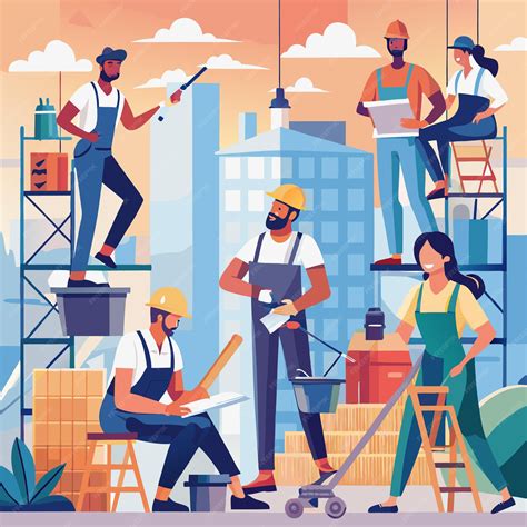 Diverse group of construction workers on a building site wearing hard ...