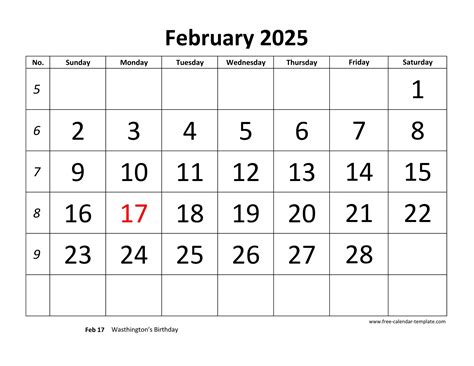 February 2025 Calendar designed with large font (horizontal) | Free ...