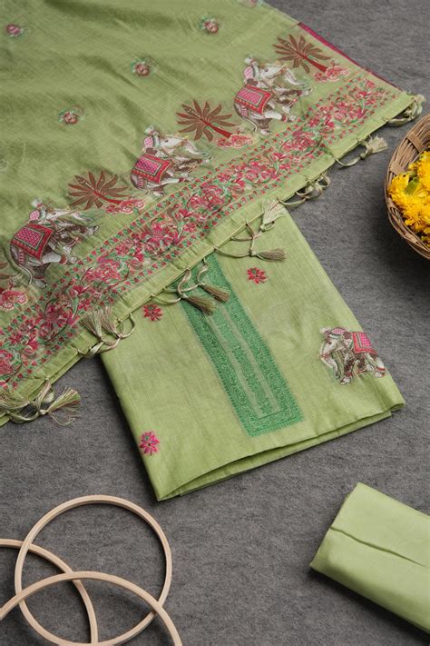 Velour Vignettes Green Cotton Unstitched Suit Set – Gajarai