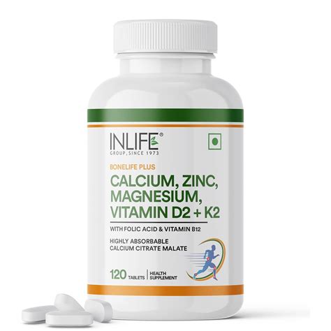 INLIFE Calcium Magnesium Zinc Vitamin D B12 | With K2 & Folic Acid ...