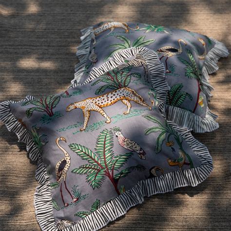Grey Tropical Safari Ruffle Cotton Cushion Cover – House of Ekam