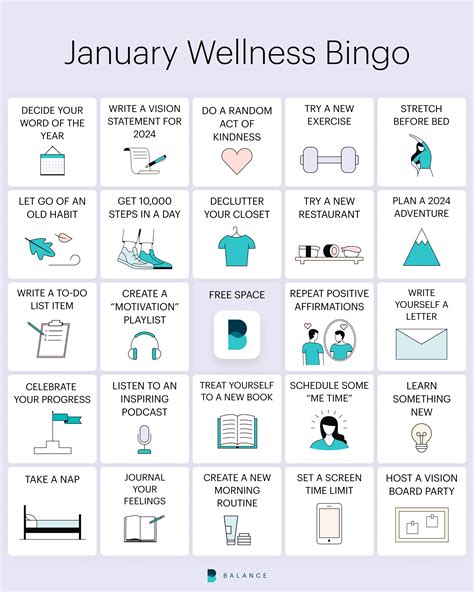 New Year Wellness Bingo | The Balance App | Bingo, Self care activities ...
