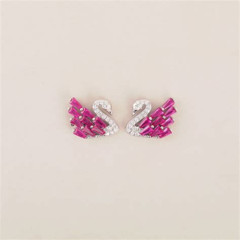 Ruby and American Diamond Swan Shaped Stud Earrings | 925 Sterling Sil ...