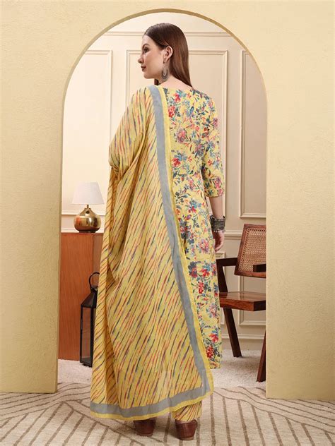 Yellow Pure Cotton Thread Work Anarkali Kurta Trouser Dupatta Set ...