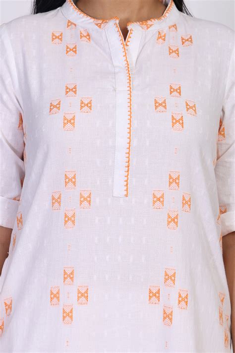 Buy White Geometric Printed Thread Work Pure Cotton Straight Kurta ...