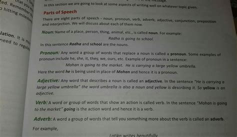 wtite 8 parts of speech with their example in sentence with definition ...