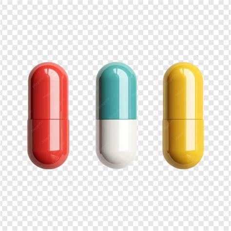 Three colorful capsules red teal yellow medicine pills medication ...