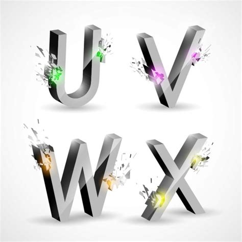 U v w x, metal letters with explosions | Free Vector