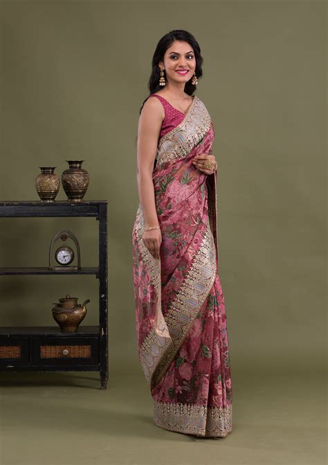 Buy Onion Pink Stonework Tissue Saree - Koskii