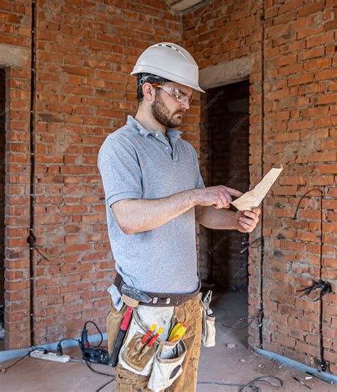 A builder in work clothes examines a construction drawing at a ...