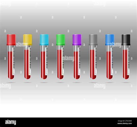 blood collection tubes on a gray background. The tubes are all ...