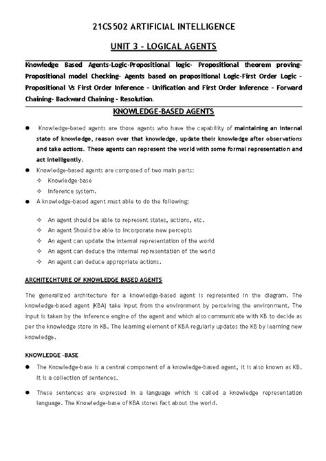 21CS502 AI UNIT 3: Logical Agents & Propositional Theorem Proving Notes ...