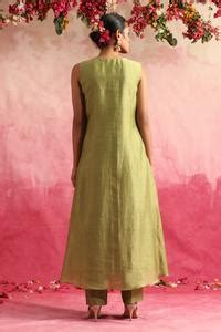 Buy Green Chanderi Silk, Organza Embroidery V-neck Champakali Angrakha ...