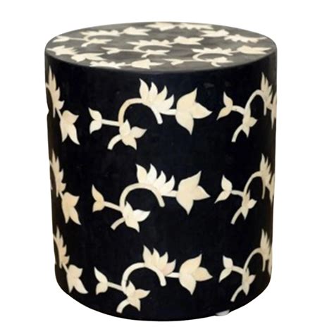 Overlay Floral Drum Inlay Side Table - BLACK