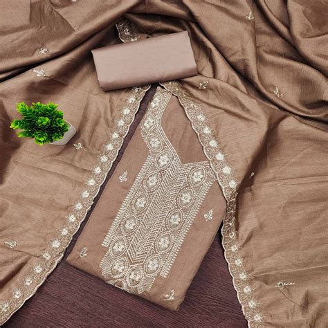 Brown Dress Material In Cotton Blend Featuring Exquisite Floral Embroi