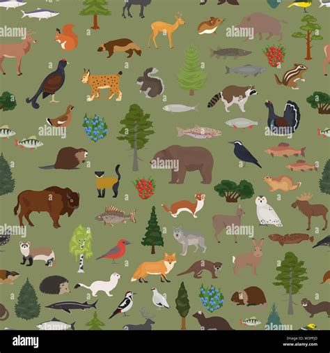 Taiga biome, boreal snow forest seamless pattern. Terrestrial ecosystem ...