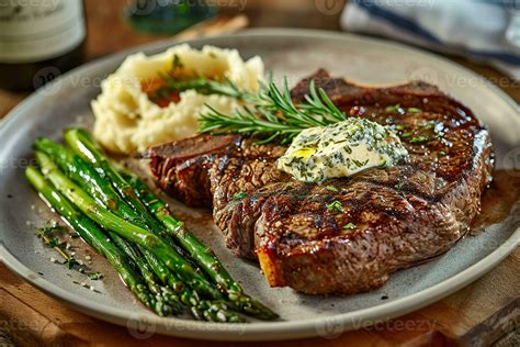 AI generated Grilled ribeye steak steak with asparagus and mashed ...