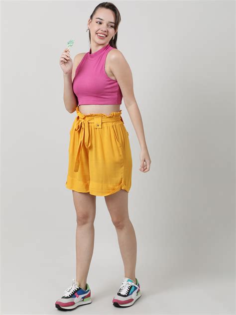 Women Slim Fit Yellow Paper Bag Shorts With Belt – FYVA