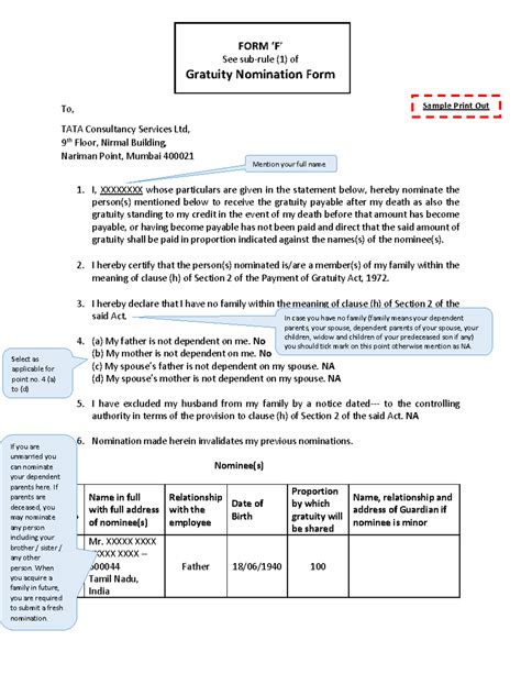 Gratuity Nomination Form Sample - TCS Gratuity Submission - Studocu