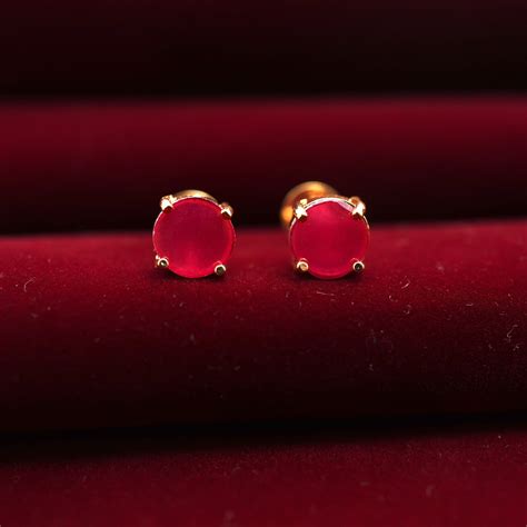Real Gold Tone Single Stone Studs - Ruby