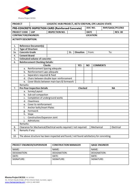 Image result for Pre Concrete Placement Checklist