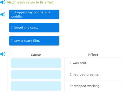 IXL - Match each cause to its effect (Class II English practice)