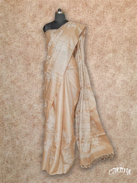BEIGE HANDLOOM WITH OFF WHITE FLORAL EMBROIDERY TUSSAR SILK SAREE ...