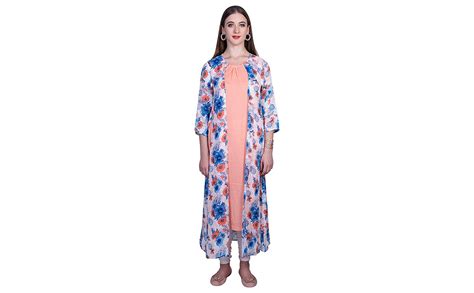 Buy Alboran Rayon Crepe A Line Peach Kurti with Printed Panels (Small ...