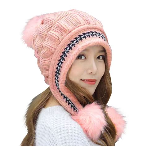 Tao Women's Girls Cute Winter Cozy Earflap Knitted Pom Pom Ski Cap Hat ...