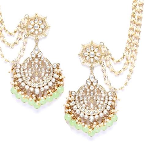 Karatcart Gold Plated Light Green Beads Kundan Kaanchain Earrings for ...