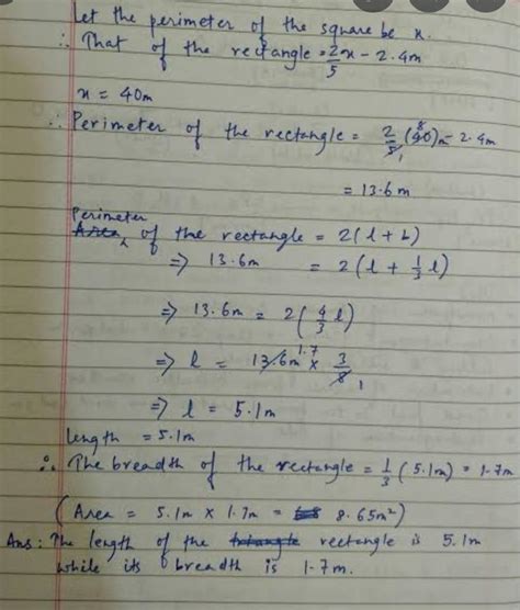 perimeter of a rectangle is 2.4 m less than 2/5 of the perimeter of a ...