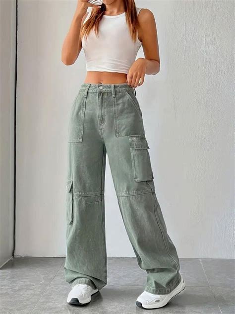 High Rise Wide Leg Cargo Jeans for Women| Stratchable Cotton Fabric ...
