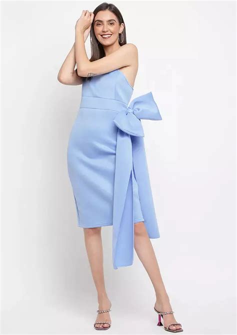 Light Blue One Shoulder Bow Design Midi Dress - IKI CHIC