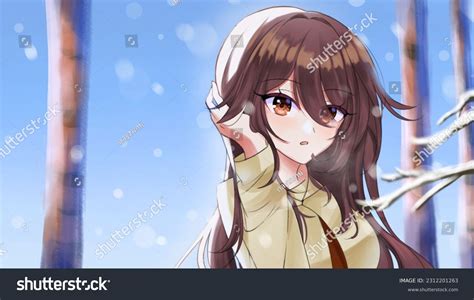 Winter Pretty Brown Hair Anime Girl: стоковая иллюстрация, 2312201263 ...