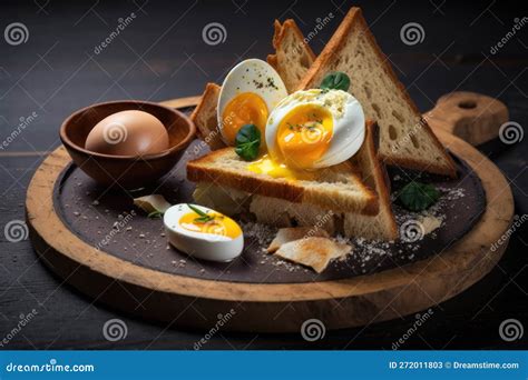 Fried Toast Bread With Four Different Types Of Cooked Chicken Eggs. AI ...