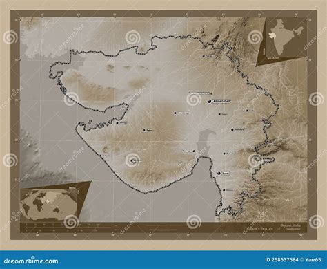 Gujarat, India. Sepia. Labelled Points of Cities Stock Illustration ...