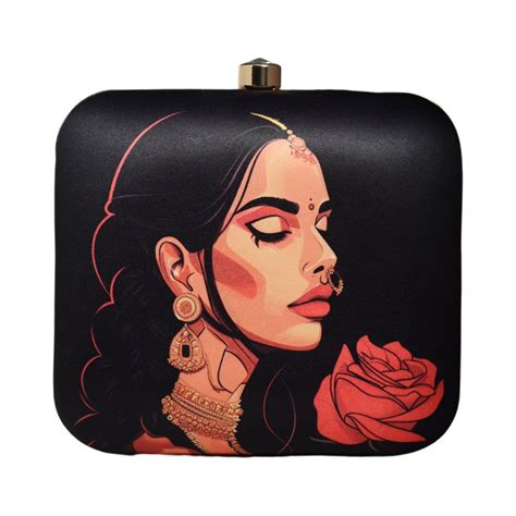 Black Lady With Rose Printed Clutch - Artklim