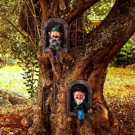 Buy 2 Pieces Garden Gnome Statue Elf Out The Door Tree Hugger Garden ...