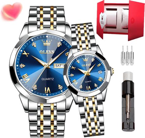 OLEVS Analog Couple Watch Night Light Waterproof Stainless Steel Quartz ...