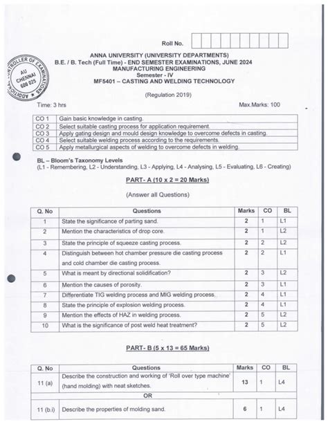 MF5401 Casting and Welding Tech - End Sem Exam QP June 2024 - Studocu