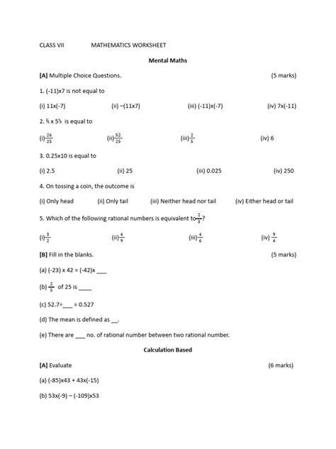 Image result for Worksheet of Maths Class 7