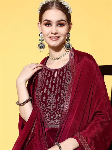Buy Maroon Yoke Design Velvet Straight Kurta With Dhoti Pant & Dupatta ...
