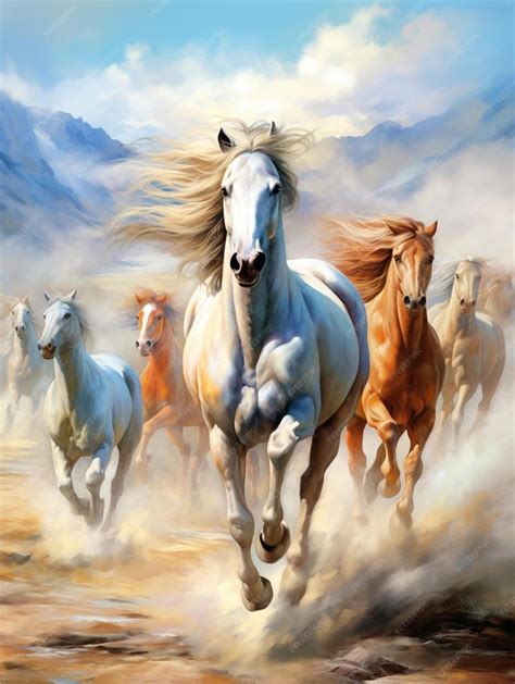Premium AI Image | a painting of a horse with a mountain in the background