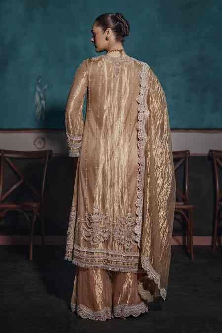 Buy Gold Silk, Tissue Cut Work, Embroidery, Pearls Kurta Sharara Set ...