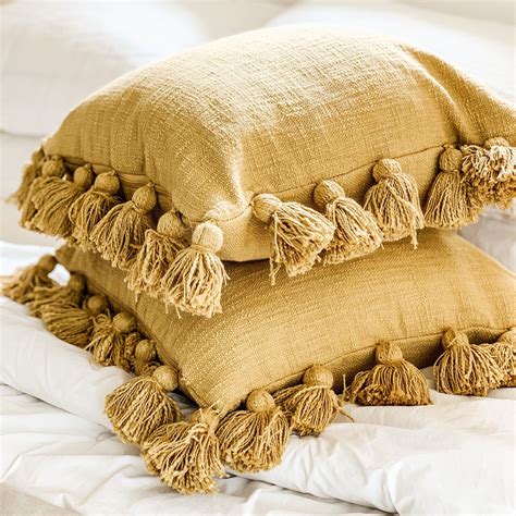 Pom Pom Pillow/ 18" Mustard Yellow Throw Pillow | Yellow throw pillows ...