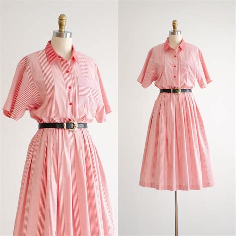 Striped Midi Dress 80s Vintage Red White Fit and Flare Shirtwaist Dress ...