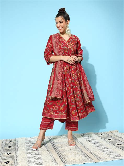 Buy Red Printed Silk Blend Anarkali Suit With Dupatta Online at $52.00 ...