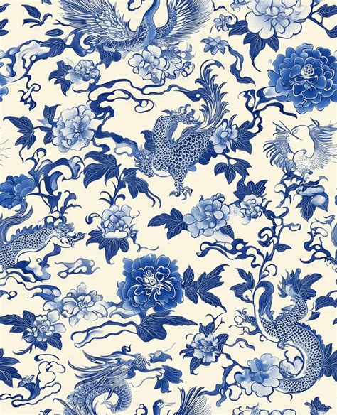 Blue and white Chinese porcelain pattern on a beige background ...
