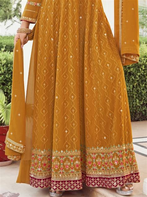 Shop Mustard Yellow Embroidered Haldi Function Gown From ethnic Plus