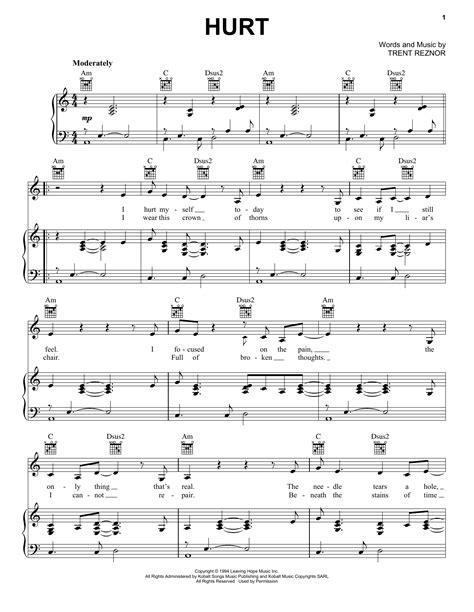 Hurt (Quiet) by Nine Inch Nails Sheet Music for Piano, Vocal & Guitar ...